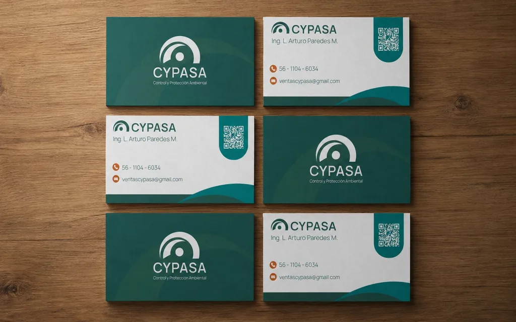 Tarjetas de presentación de CYPASA diseñadas por Exvi, en verde y blanco, sobre una mesa de madera.