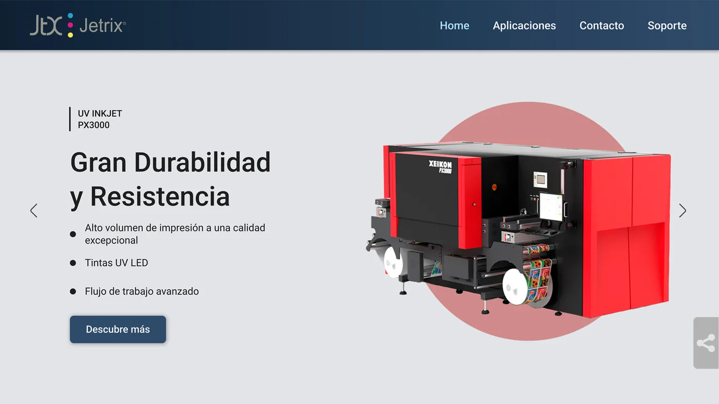 Sitio web de Jetrix diseñado por Exvi: la impresora industrial UV PX3000 con el mensaje Gran Durabilidad y Resistencia.