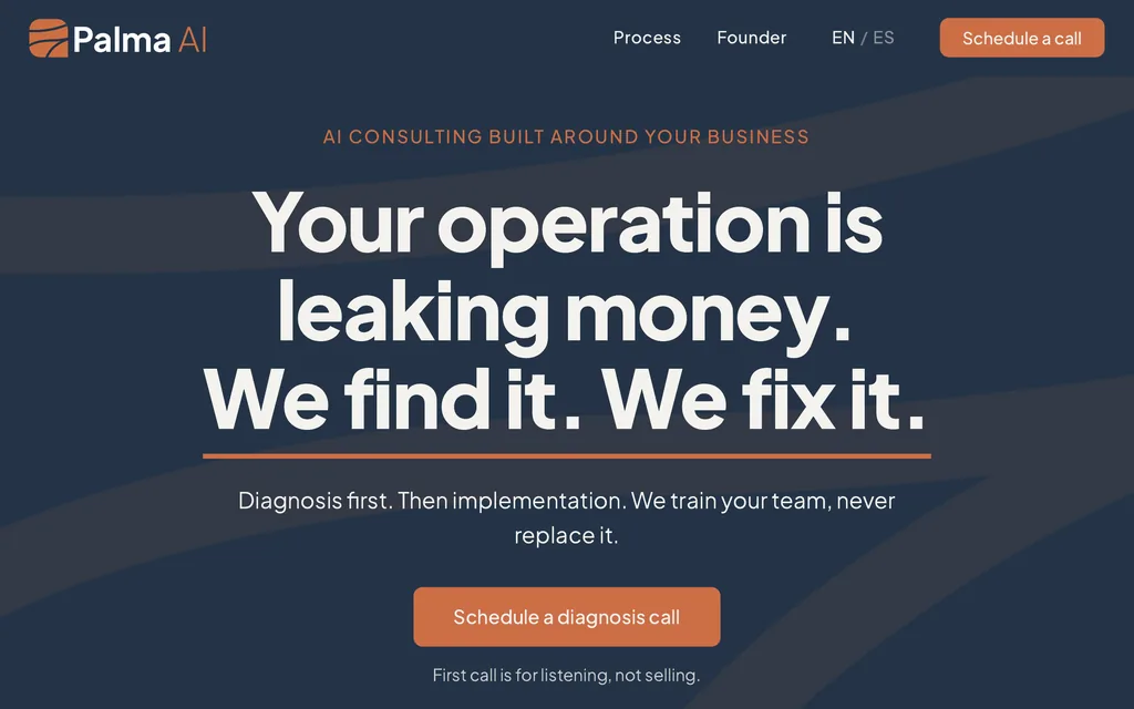 Landing page de Palma AI diseñada por Exvi: el titular Your operation is leaking money sobre fondo azul noche.