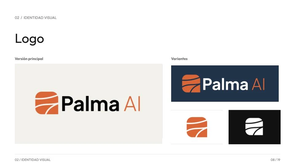 Página del brandbook de Palma AI: logo principal y sus variantes.
