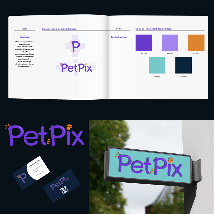 Manual de Identidad, Logo y tarjetas de presentación que diseñó Exvi Solutions para PetPix