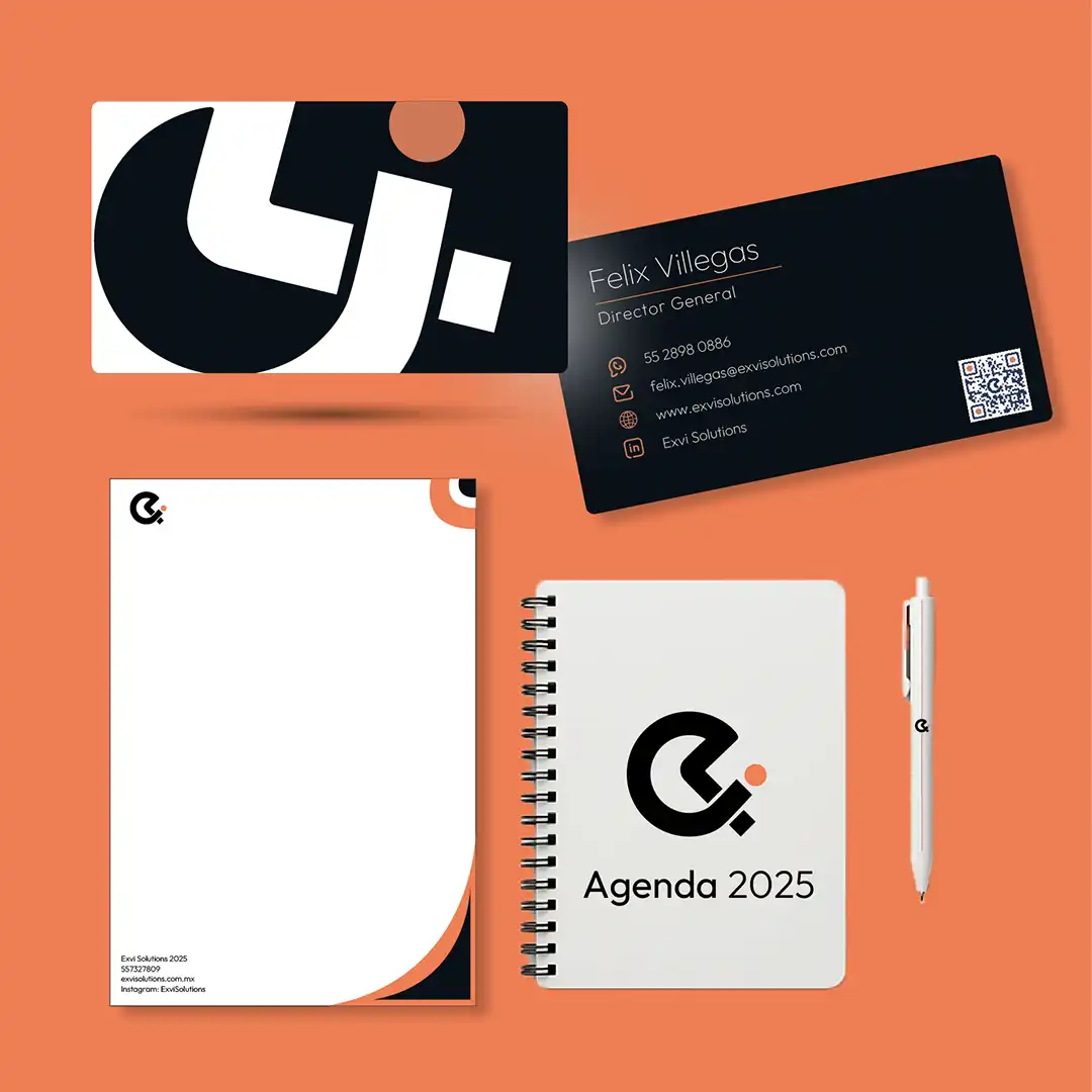Papelería corporativa para nuestro estudio de diseño llamado Exvi Solutions